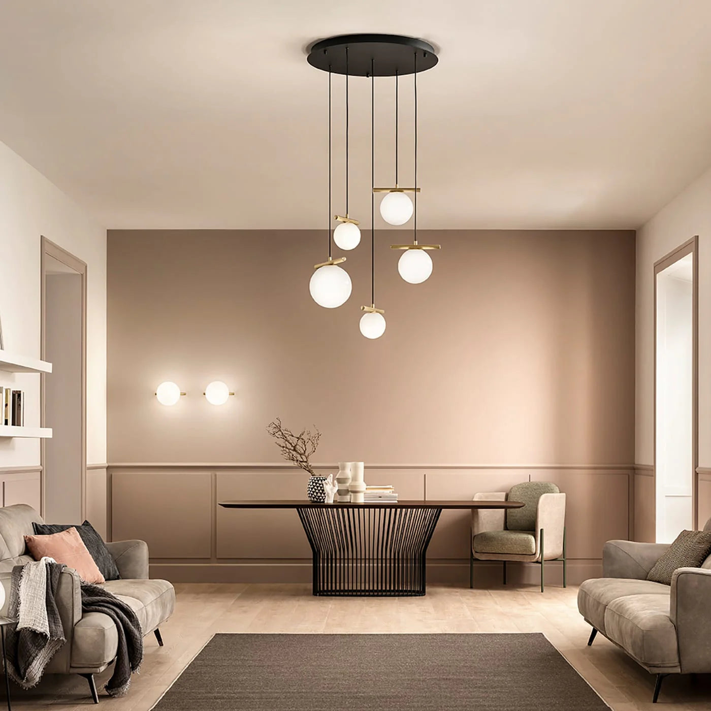 MASIERO | POSY OPALINE WHITE GLASS AND GALVANIZED METAL ROUND CHANDELIER | $4,400.00