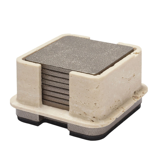 GIOBAGNARA | LLOYD BEIGE LEATHER AND MARBLE COASTER HOLDER WITH 8 COASTERS | $905.00