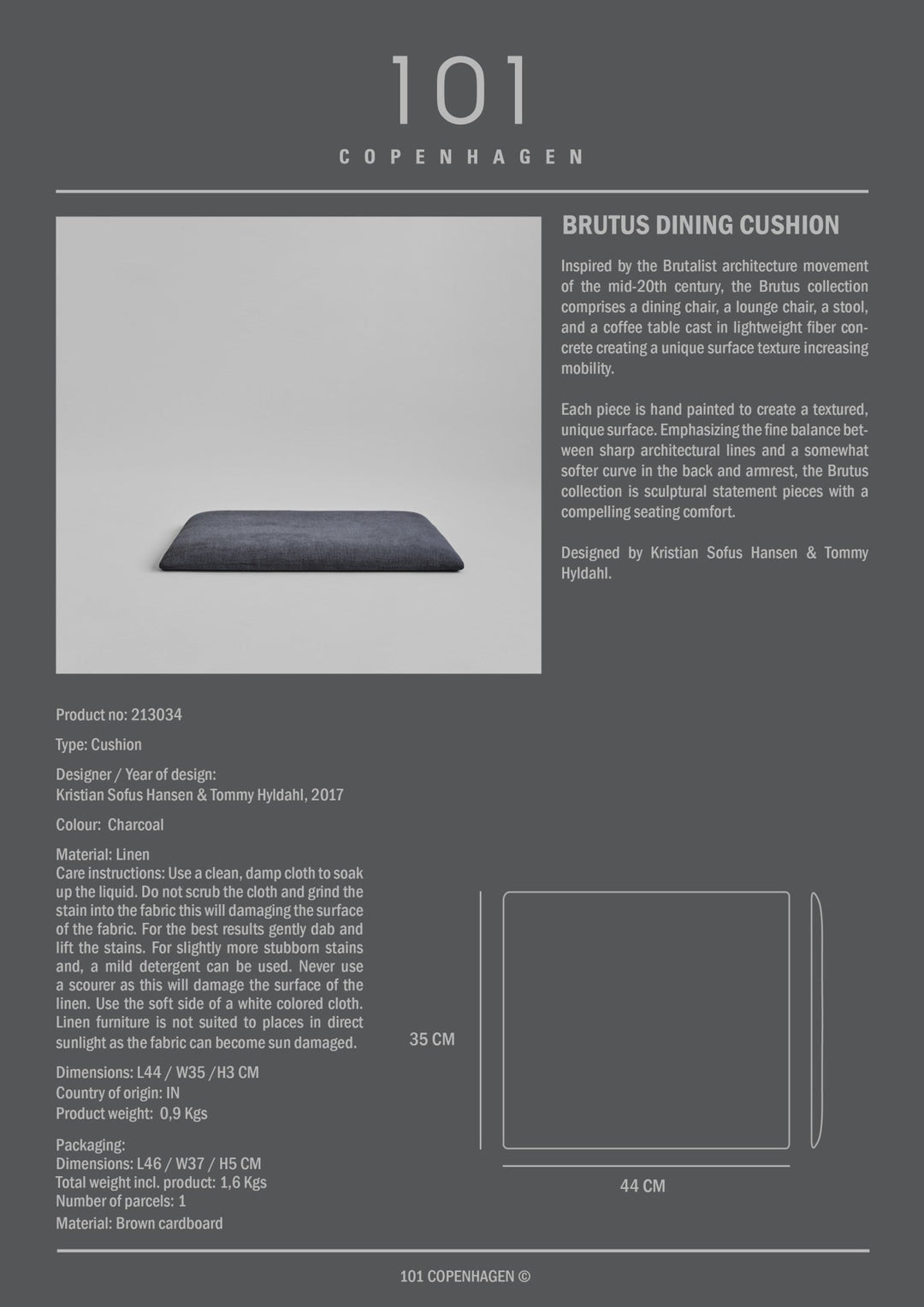101 Copenhagen Brutus Dining Cushion - Charcoal - $125.00