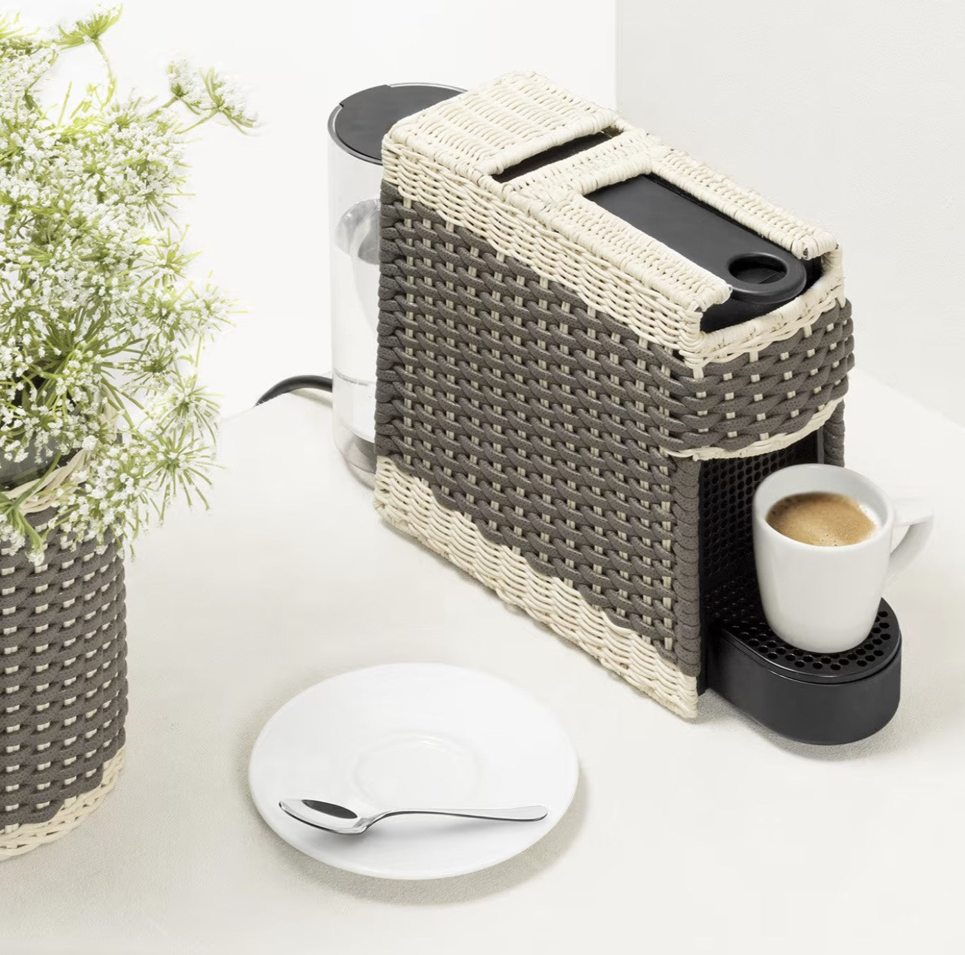 GIOBAGNARA | ESSENZA BROWN LEATHER & RATTAN COFFEE MACHINE WITH COVER | $1,240.00