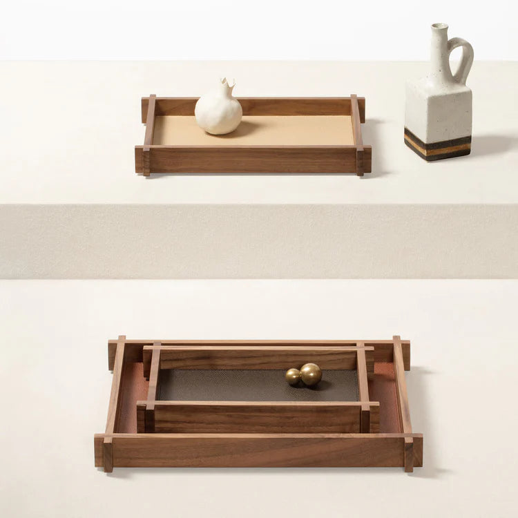 GIOBAGNARA | STRUCTURA LEATHER AND WOOD LONG RECTANGULAR TRAY LARGE #2| $585.00