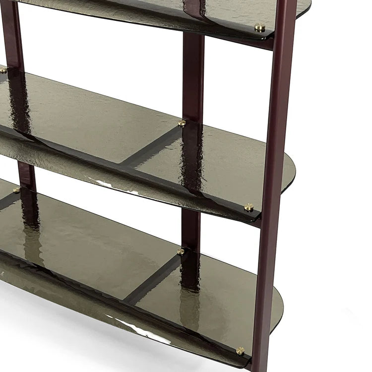 PETRA RED METAL BOOKCASE WITH CURVED BRONZE GLASS SHELVES | $12,090.00
