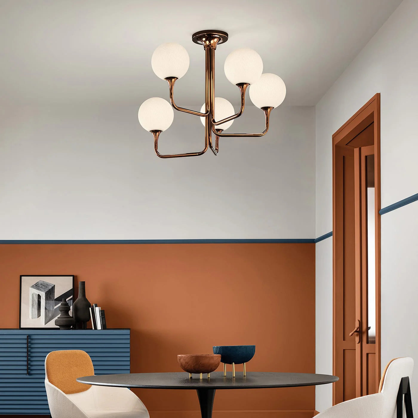 MASIERO | TEE GLOSSY GLAVANIC COPPER METAL AND GLASS 5-LIGHT CHANDELIER | $4,275.00