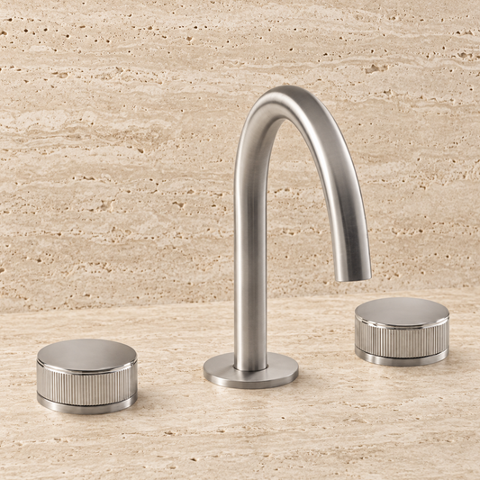 PIETRA CASA | Three-Hole Basin Mixer, Vertical Knurling Handle, Central Arch Spout H7.5in (190mm) | $1,761.00 - $2,550.00