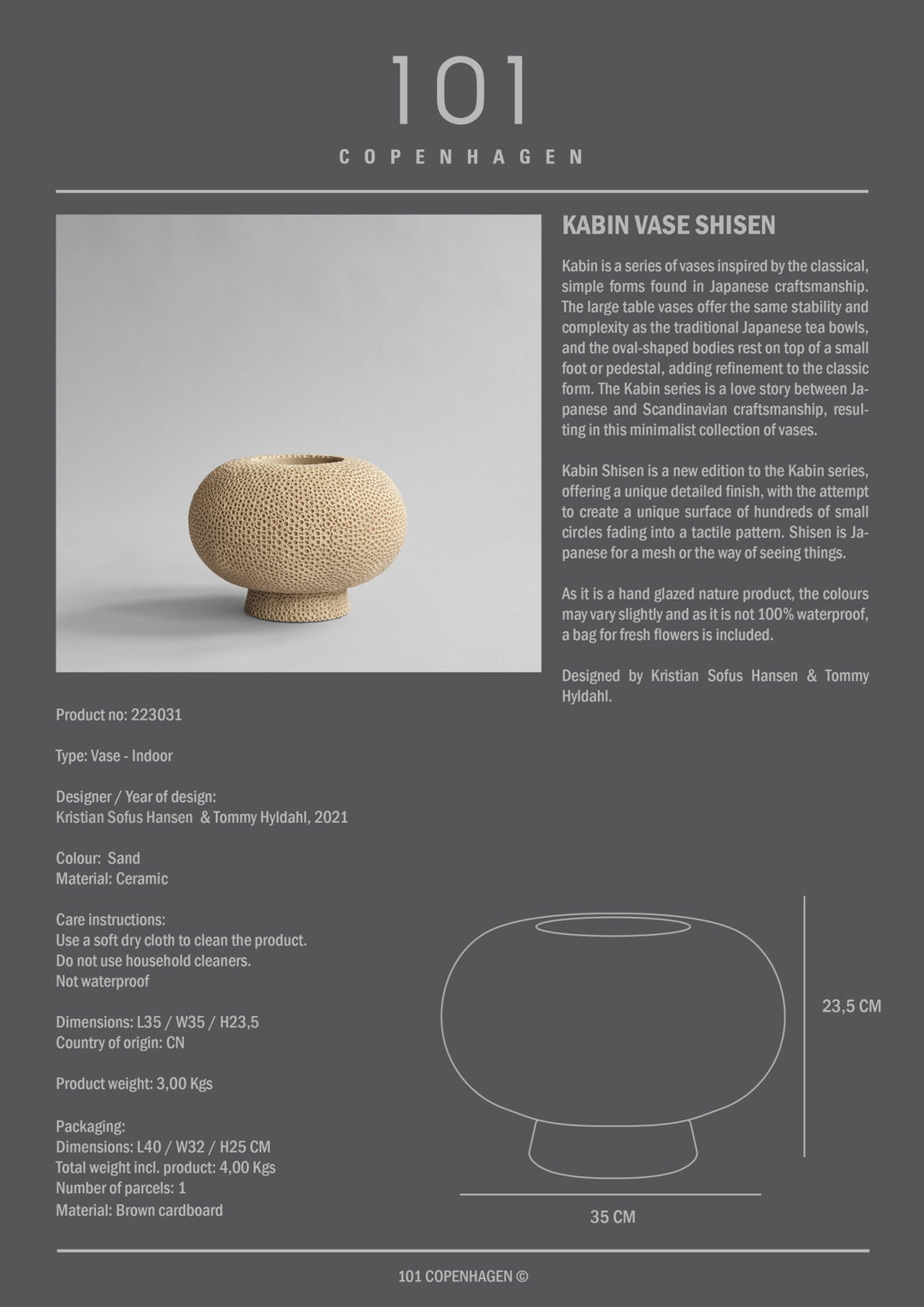 101 Copenhagen Kabin Vase, Shisen - Sand - $260.00