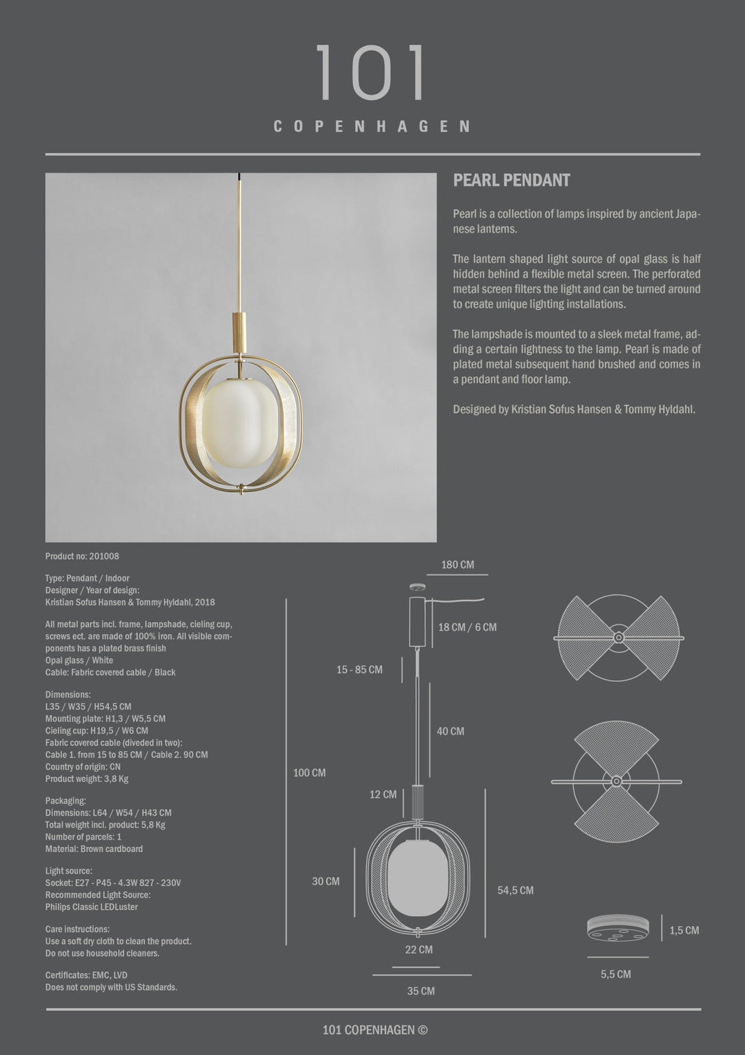 101 Copenhagen Pearl Pendant - Brass - $845.00