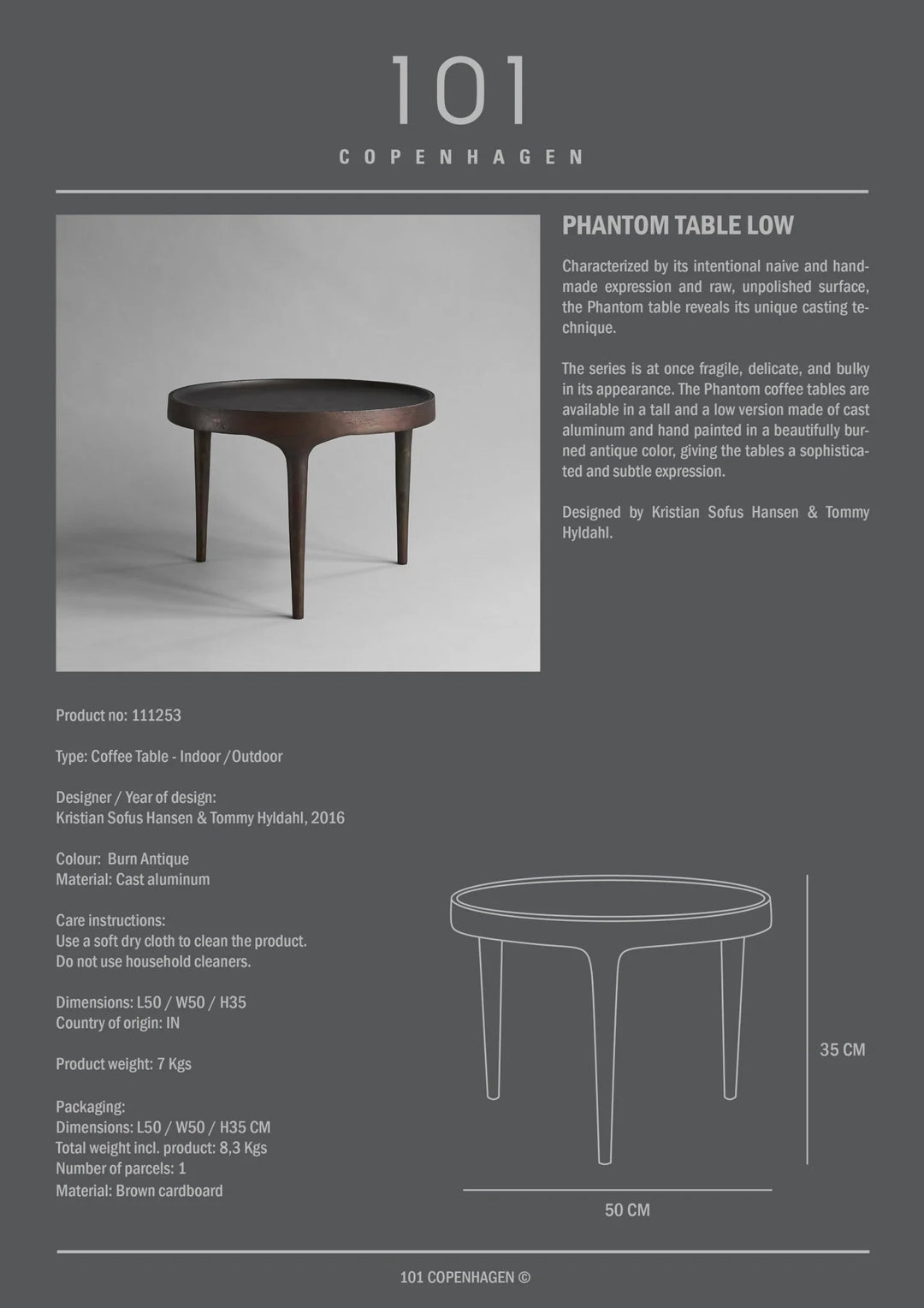 101 Copenhagen Phantom Table, Low - Burn Antique - $645.00