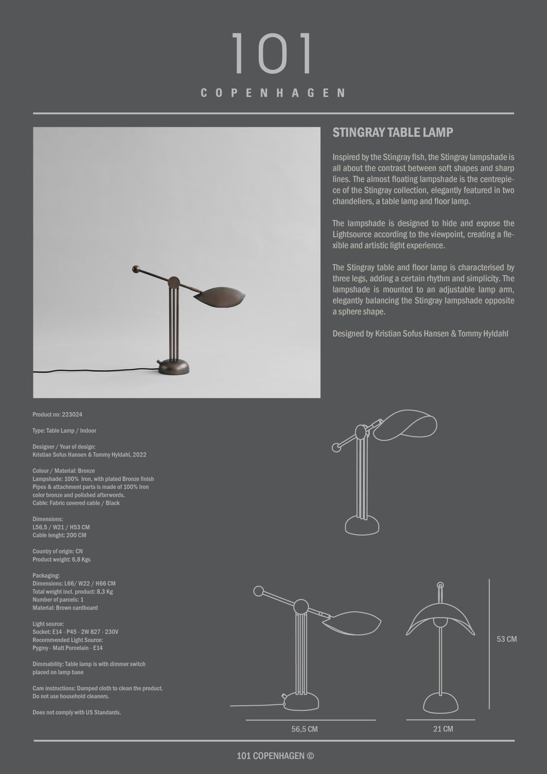 101 Copenhagen Stingray Table Lamp - Bronze - $695.00