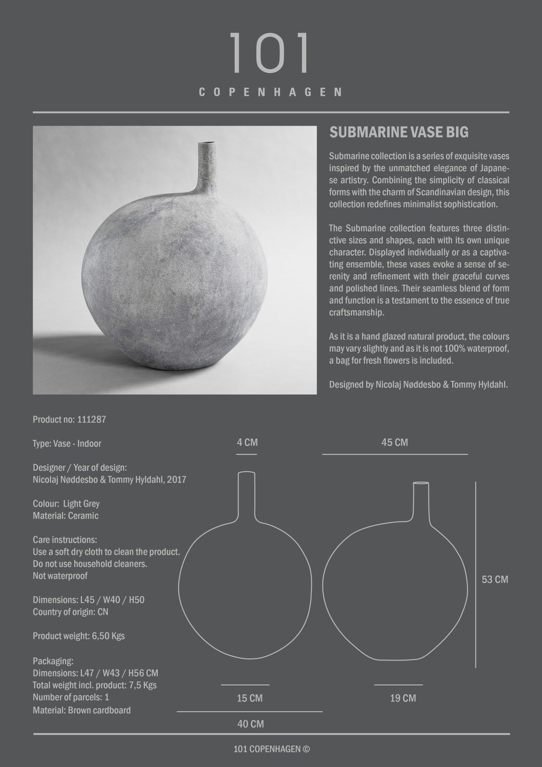 101 Copenhagen Submarine Vase, Big - Light Grey - $575.00