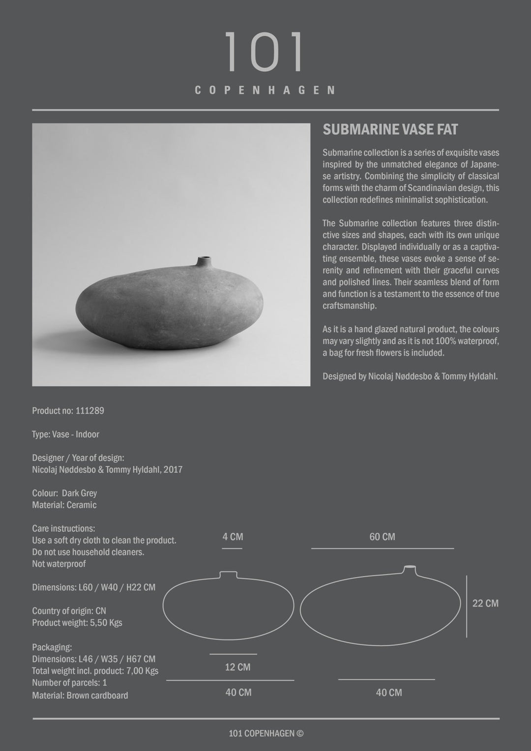 101 Copenhagen Submarine Vase, Fat - Dark Grey - $495.00