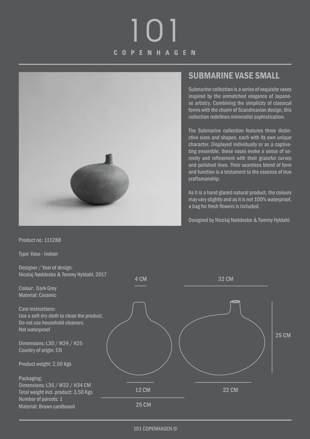 101 Copenhagen Submarine Vase, Small - Dark Grey - $190.00