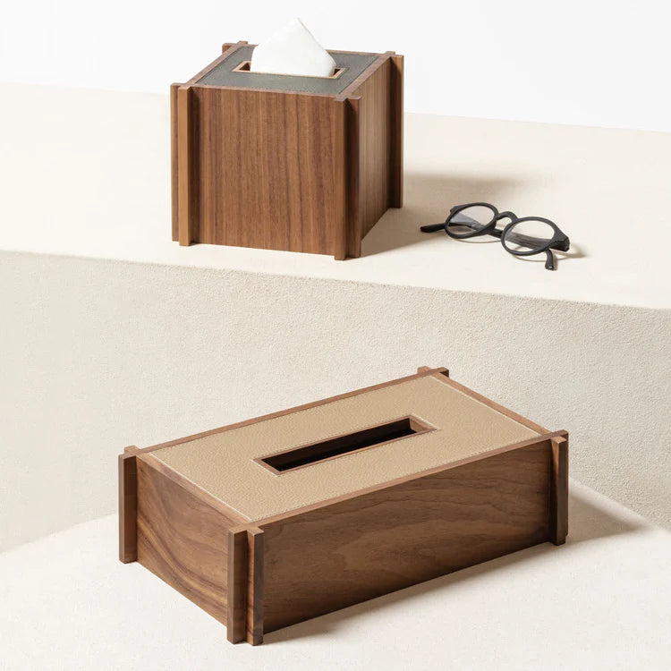 GIOBAGNARA | STRUCTURA LEATHER AND WOOD RECTANGULAR TISSUE HOLDER #2 | $800.00