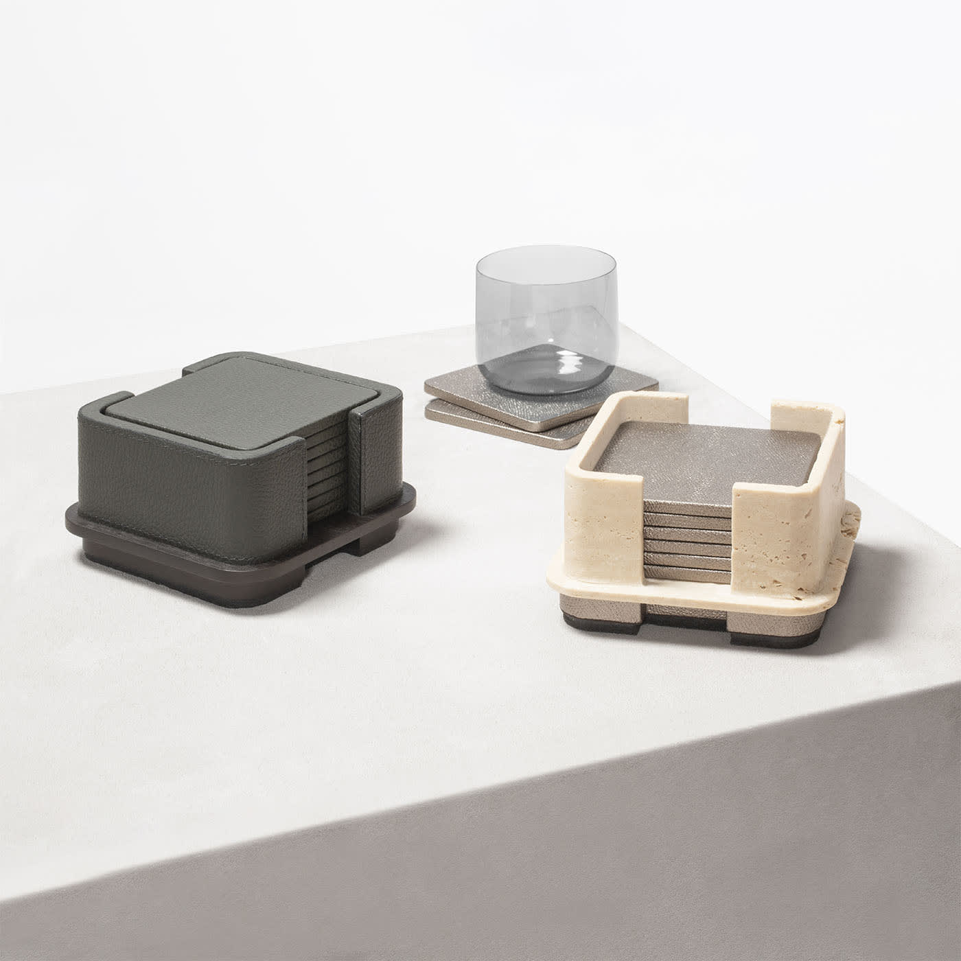 GIOBAGNARA | LLOYD BEIGE LEATHER AND MARBLE COASTER HOLDER WITH 8 COASTERS | $905.00