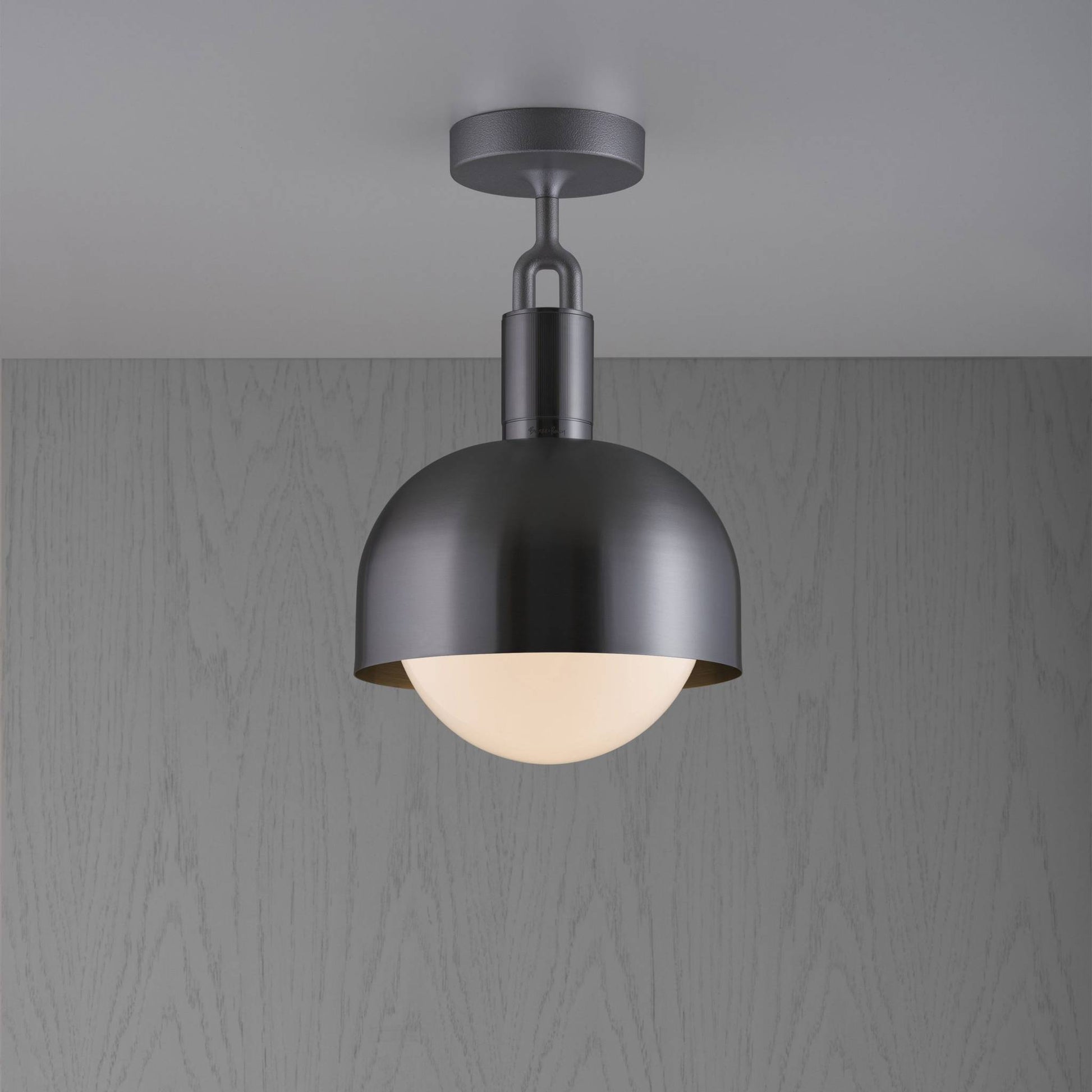 FORKED CEILING SHADE GLOBE OPAL MEDIUM - GUN METAL