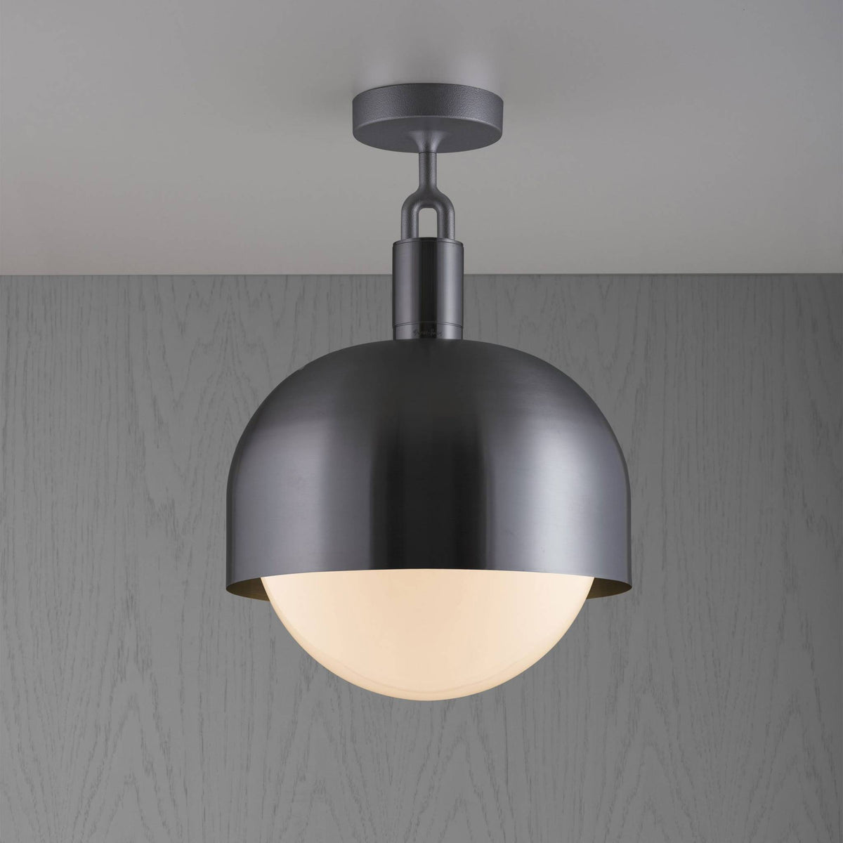 FORKED CEILING SHADE GLOBE OPAL LARGE - GUN METAL