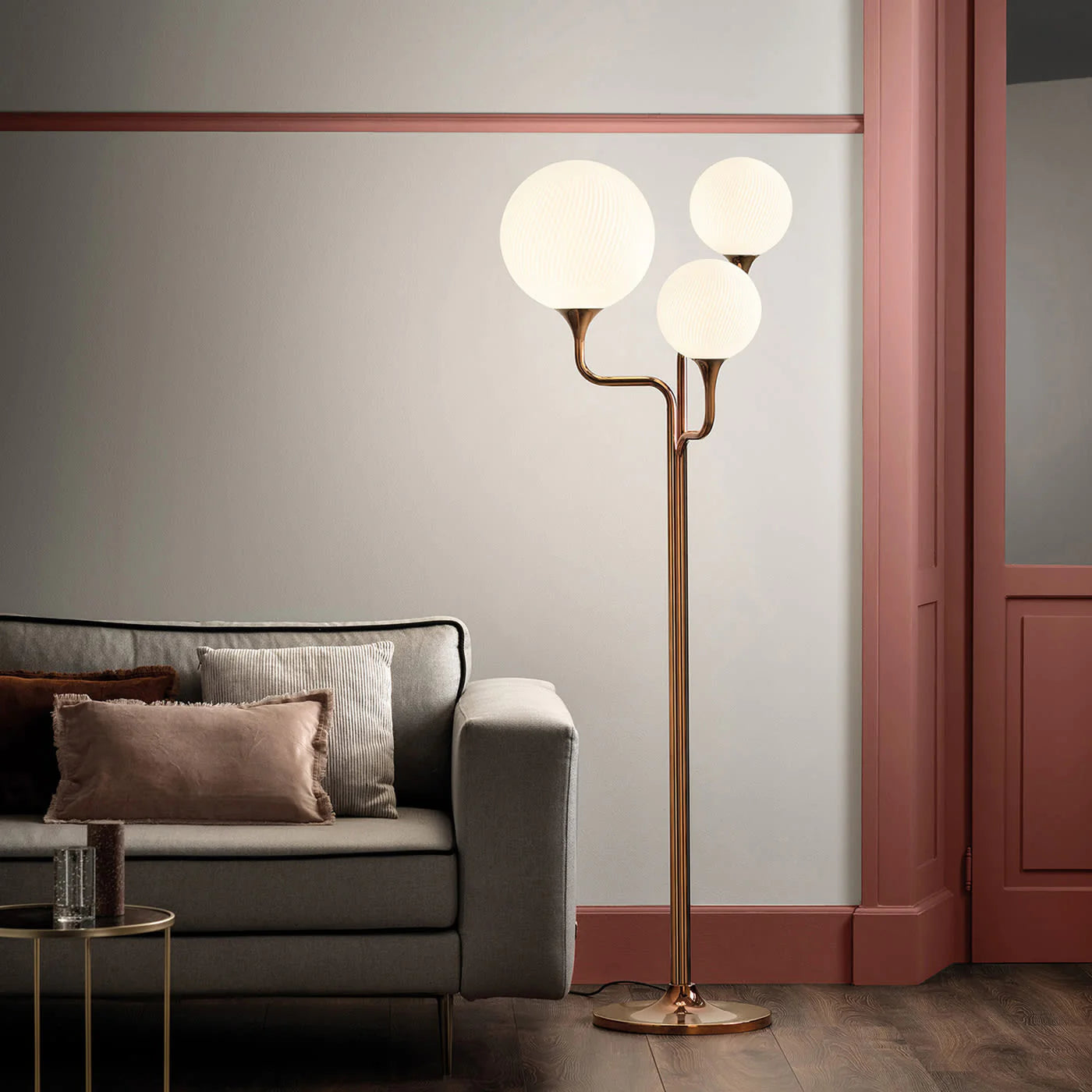 MASIERO | TEE GLOSSY GLAVANIC COPPER METAL AND GLASS 3-LIGHT FLOOR LAMP | $3,915.00