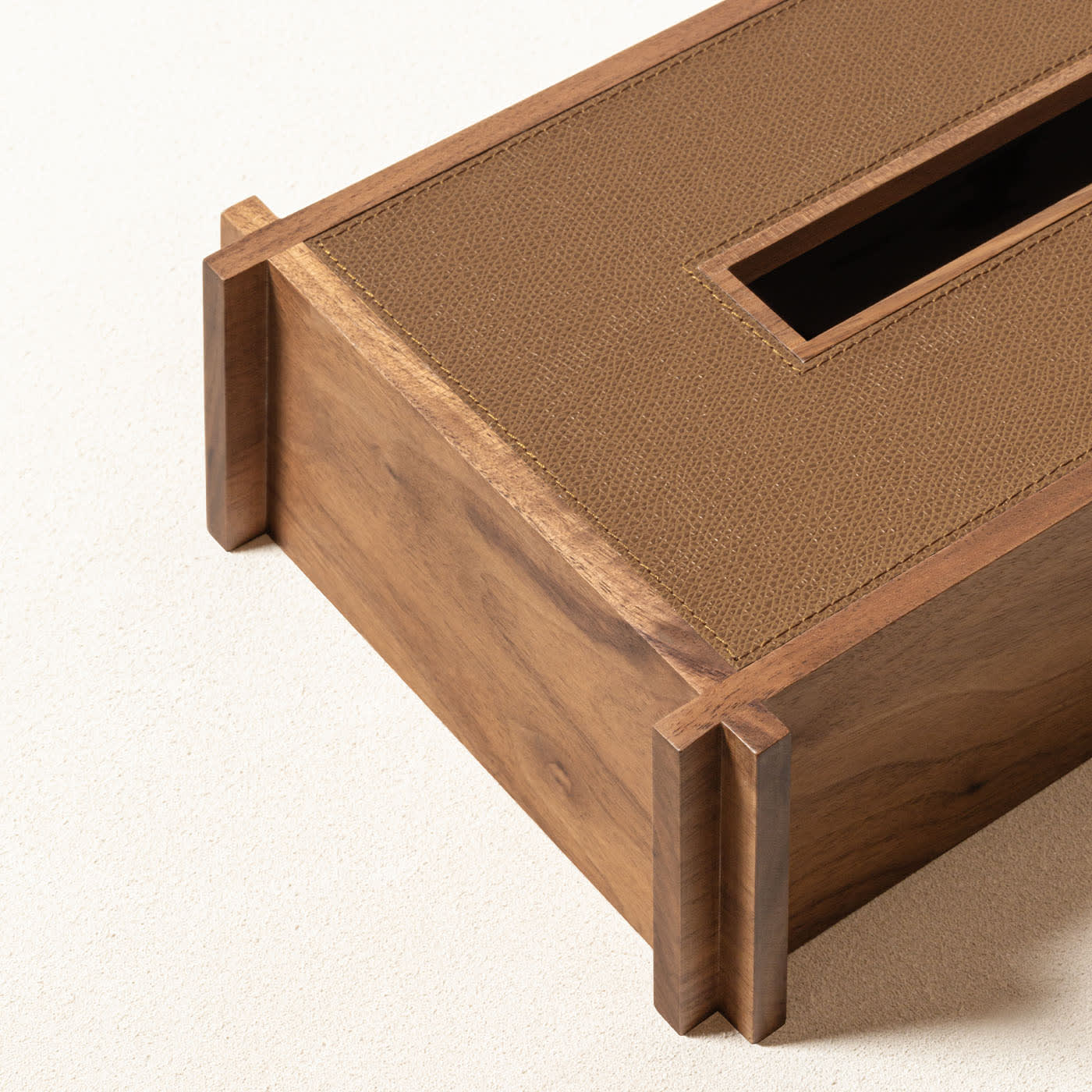 GIOBAGNARA | STRUCTURA LEATHER AND WOOD RECTANGULAR TISSUE HOLDER #1 | $800.00