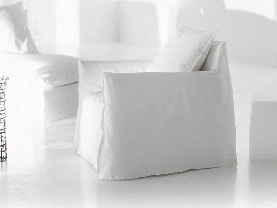 Gervasoni Ghost 05 Armchair in White Linen Upholstery by Paola Navone - $2,050.00